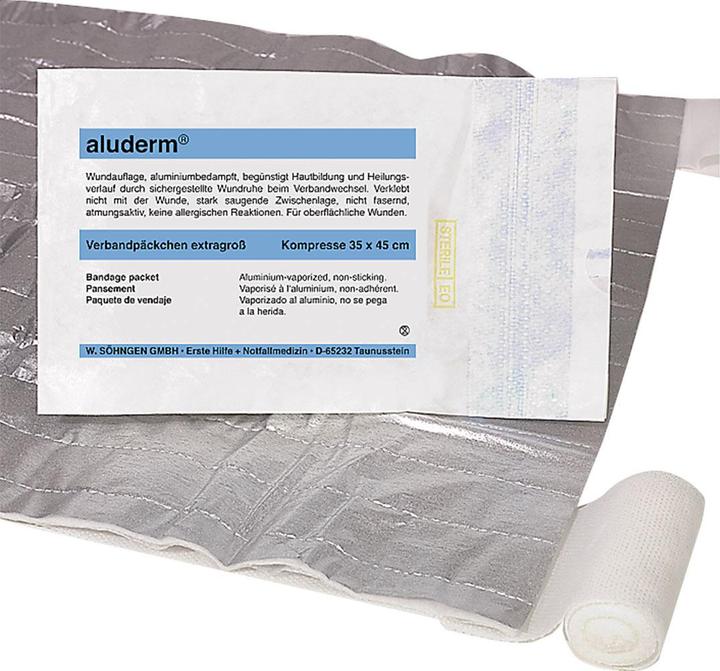 Produktbild Aluderm ® Verband 6 cmx3 m (BxL) Masse Kompresse: 45x35 cm (BxL) Polyestervlies aluminiumbedampft (1 x)