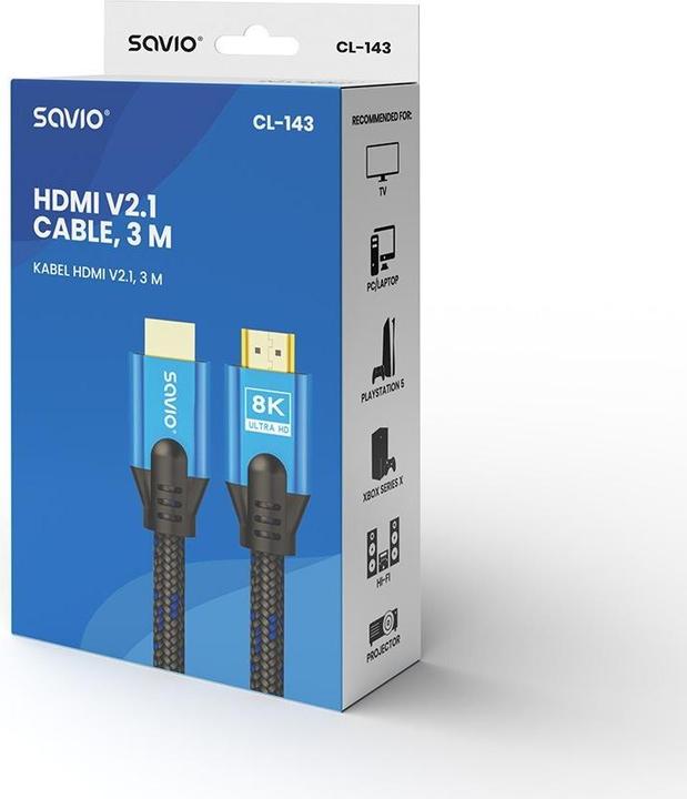 Produktbild Savio HDMI-Kabel (M) v2.1, 3 m, 8K, Kupfer, blau schwarz, goldenes Ende, Ethernet/3D, CL-143 (3 m, HDMI)