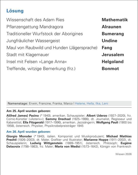 Image du produit Harenberg Wissen Tagesabreisskalender 2026 - Quizfragen aus Geschichte, Politik, Kultur, Technik und Spor (11 x 14 cm, Allemand)