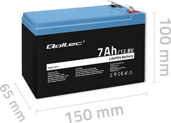 Actual product image Qoltec LiFePO4 lithium iron phosphate battery | 12 8 V | 7Ah | 89 6 Wh | BMS (12.80 V, 7 Ah)