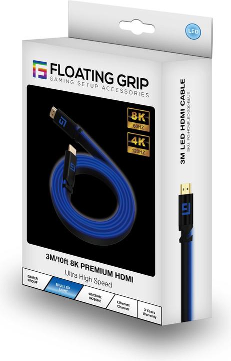 Actual product image Floating Grip HDMI Cable High Speed 8K/60Hz LED 3.0m blue (3 m, HDMI)