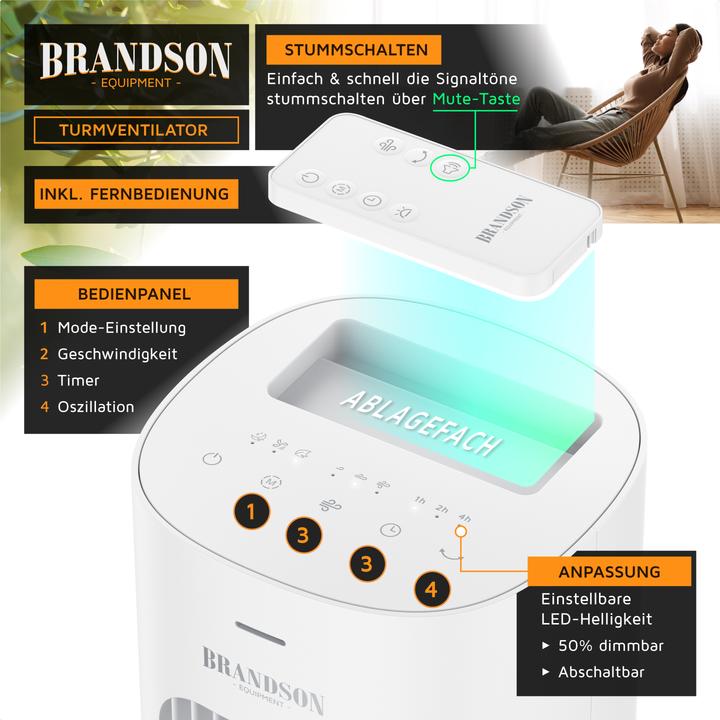 Actual product image Brandson Turmventilator, Fernbedienung, sehr leise, Oszillation, 3 Modi, Timer, 50 W, Standventilator 76cm (48 dB)