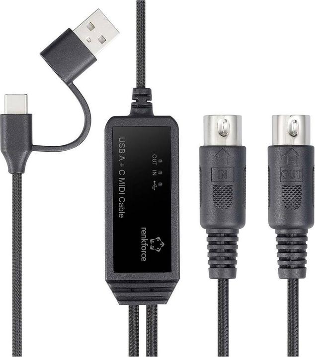 Actual product image Renkforce RF-6439636 USB, MIDI adapter (2x DIN plug 5-pin - 1x USB-C®, USB-A) (USB-A, USB-C, 200 cm)