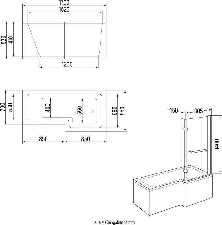 Produktbild Home Deluxe Duschbadewanne nicht freistehend ALORA 170x85cm - Links (85 cm, 170 cm)