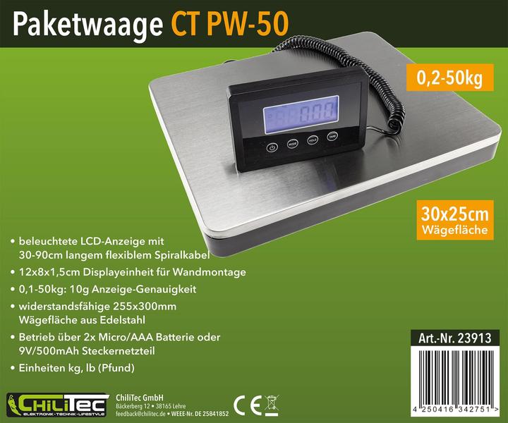 Produktbild Chilitec Paketwaage / Versandwaage CT PW-50, 0,1...50 kg, 30x25 cm