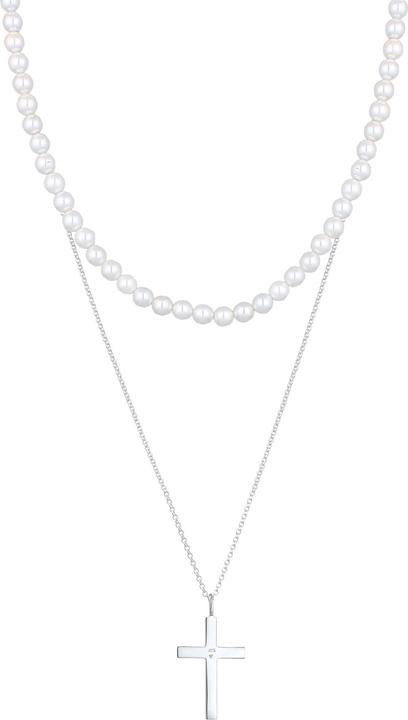 Kuzzoi Kreuz, Layer, Perle, Perlenkette (Muschelkernperlen, Edelstahl, Keine Stein, 925er Sterling Silber)