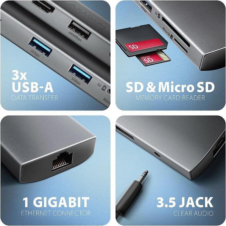 Actual product image Axagon HMC-8HLSA Wieloportowy hub USB-C 3.2 Gen 1 hub, 3x USB-A + 4K/30Hz HDMI + SD/microSD, GLAN, Audio (USB-C, 8 Ports)
