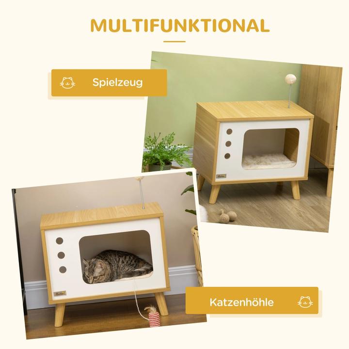 Produktbild PawHut Katzenhöhle im TV-Design inkl. Spielzeug und Kissen, Eiche, 50x28x43cm (Katze)