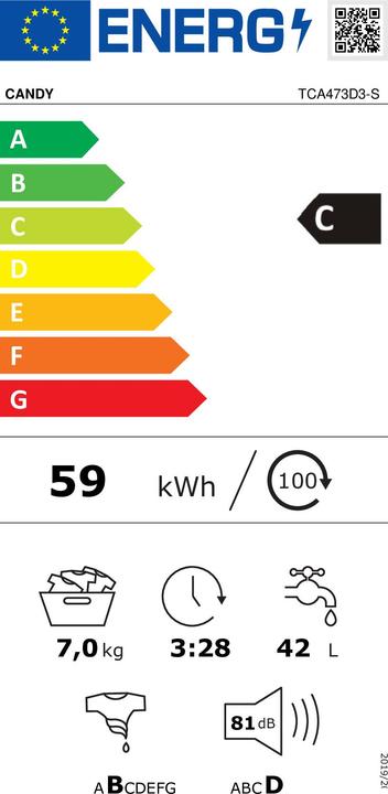 Label énergétique Candy TCA473D3-S Lave-linge à chargement par le haut 7Kg 1400 (7 kg, Vers le bas)