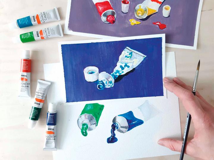 Actual product image Kreul el Greco gouache colours (Light green, Titanium white, Lemon, Prussian blue, vermilion, Brilliant violet, Crimson, Black, Siena burnt, Coelin blue, Ochre yellow, Chrome oxide green, 144 ml)