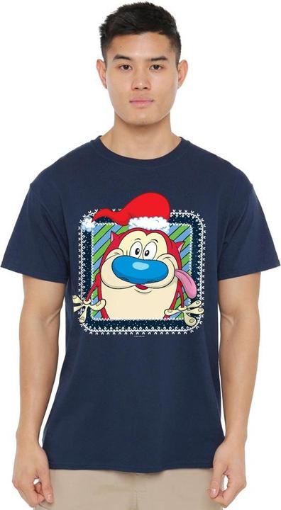 Actual product image Ren & Stimpy Mens Festive Santa Hat Christmas T-Shirt (S)