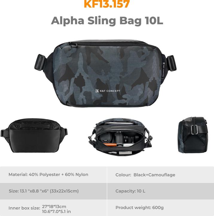 Actual product image K&F Concept Sling Bag 10L Urban Wander 01 (Black+Camouflage) (Camera shoulder bag, 10 l)