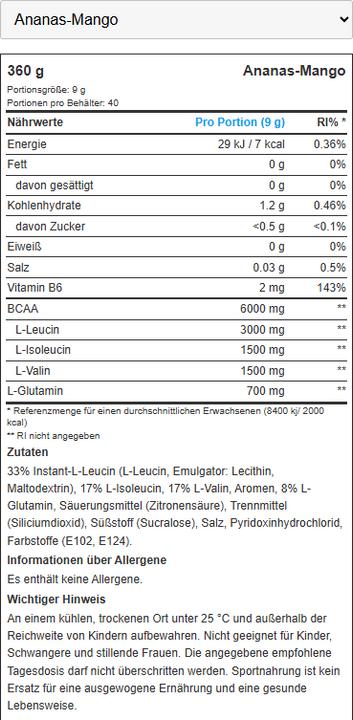 Nährwerte und Zutaten Biotech USA BCAA Zero (1 Stück, Pulver, 360 g)