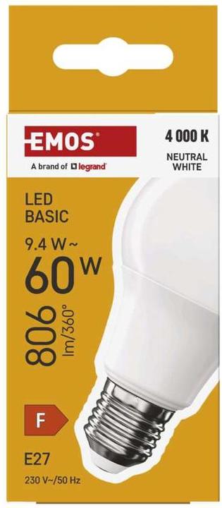 Actual product image Emos LED lamp Basic A60 / E27 / 9.4 W (60 W) / 806 lm / Neutral white (E27, 9.40 W, 806 lm, 1 x, F)