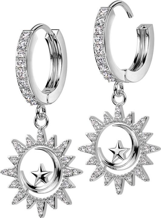 Star Piercing Ohrring zum Klappen silber Kristalle silber Anhänger Mond und Stern (Chirurgenstahl 316L, Messing)