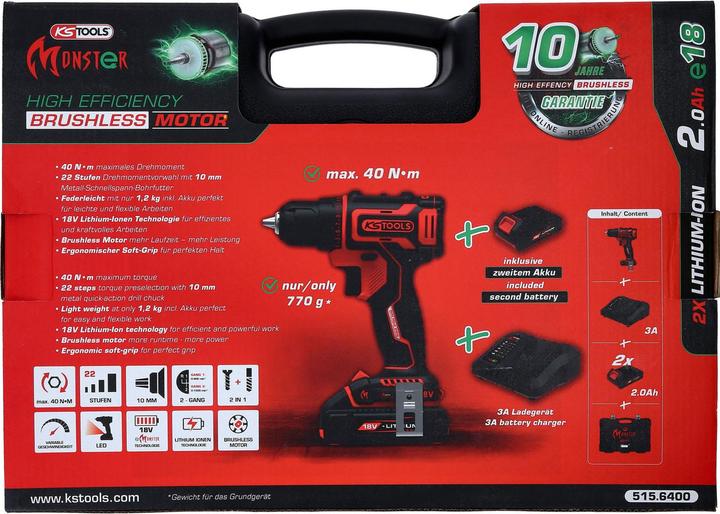 Produktbild KS Tools eMONSTER Brushless-Akku-Schlag-Bohr-Schrauber-Satz, 4-tlg | 18 Volt, 2 Akkus und Ladegerät (Akkubetrieb)