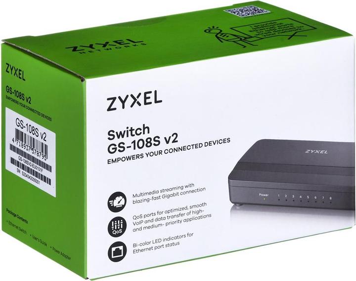 Actual product image Zyxel GS-108SV2 8-Port Desktop Gigabit Ethernet Media Switch (8 Ports)
