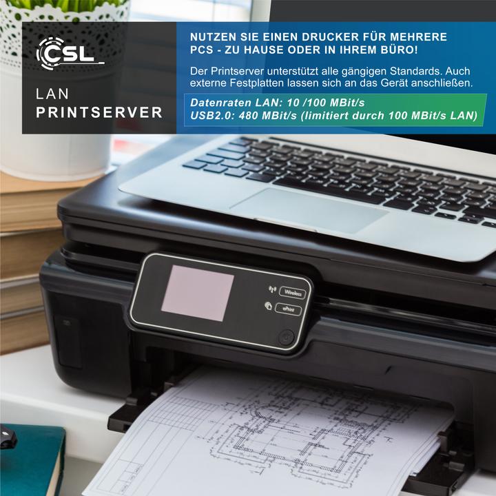 Produktbild CSL LAN Printserver Druckerserver USB2.0, LRP Print Server für Windows, Netzwerk USB zu RJ45, DHCP fähig