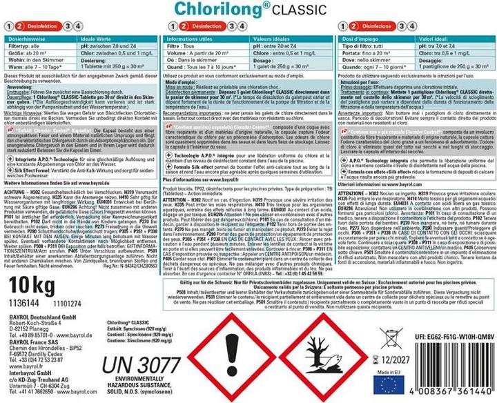 Nutritional values and ingredients Bayrol Chlorilong CLASSIC 10kg UN3077 (10000 g, 40 ml)
