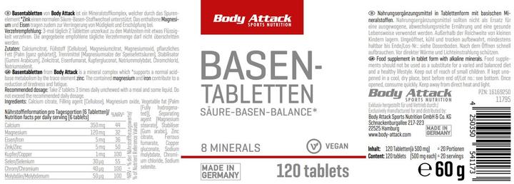 Nutritional values and ingredients Body Attack Base tablets (120 Caps) (120 Piece, Pills, 60 g)