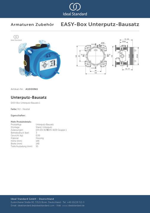 Actual product image Ideal Standard IDS flush-mounted kit 1 EASY box for bath and shower arm. Individual thermostats