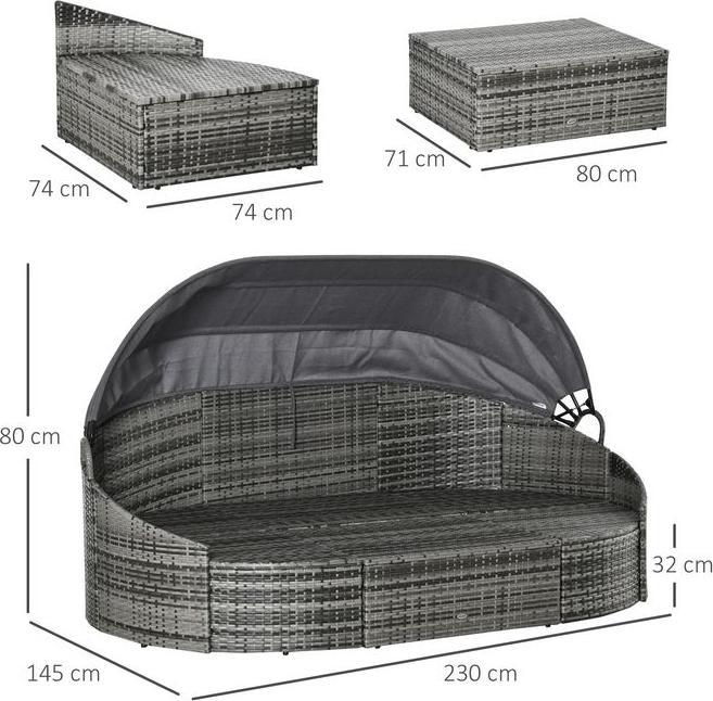 Actual product image Swisshandel24 Rattan sun island 4-piece sun lounger island with sun canopy seating group 4 cushions metal grey