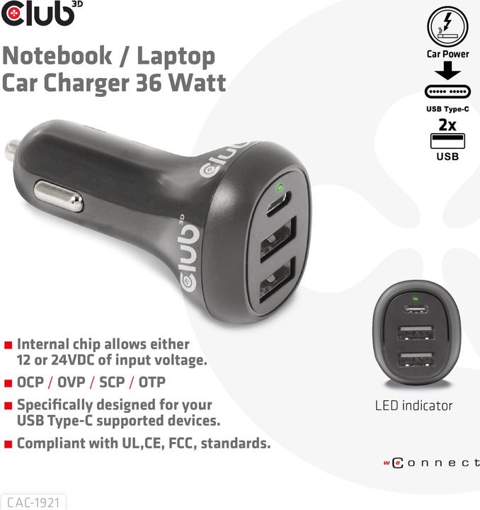Produktbild Club 3D Club3D USB KFZ-Ladegerät 1xUSB C, 2xUSB A, 36W, 12/24V retail