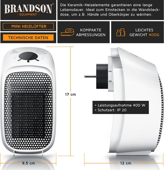 Produktbild Brandson Steckdosen Mini Heizlüfter 400W, Keramikheizlüfter, Badezimmer Mini Heizgerät mit Temperaturregelung (400 W)