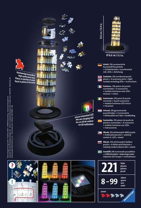 Actual product image Ravensburger 3D - Tower of Pisa Night Edition (216 pieces)