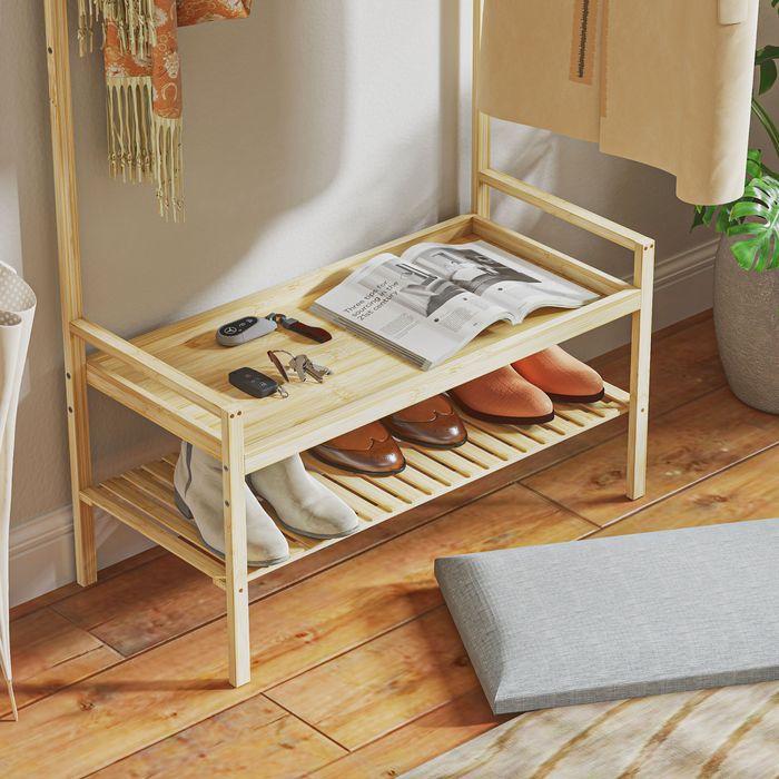 Actual product image Swisshandel24 Garderobenständer mit Schuhbank, Kleiderständer mit Haken, Schuhregal, Natur