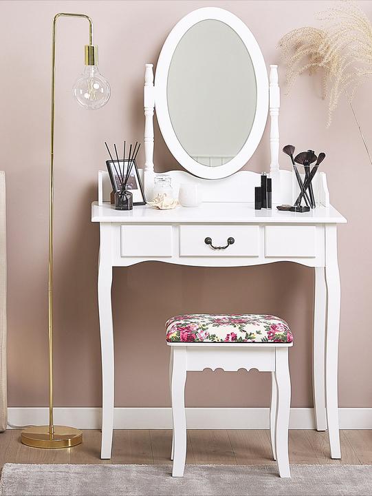 Actual product image Beliani Dressing Table with Oval Mirror Stool 1 Drawer White SOLEIL (39 x 30 x 47 cm)