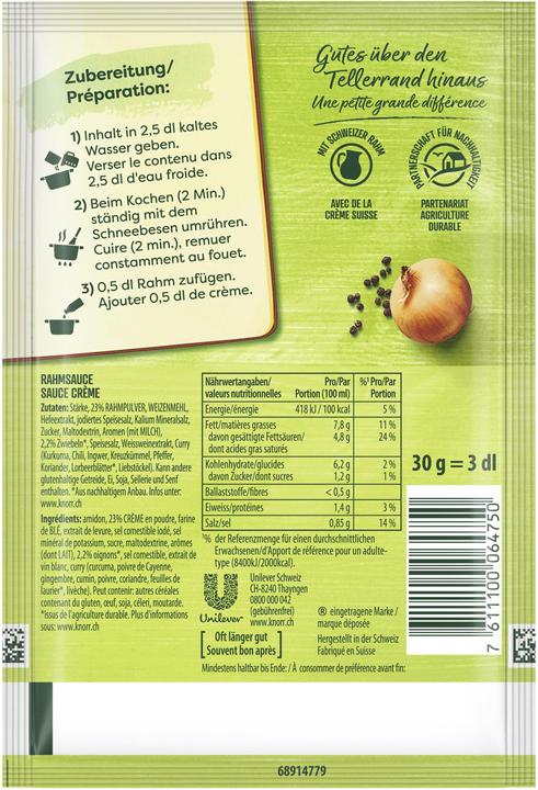 Valori nutrizionali e ingredienti Knorr Bustina di salsa alla panna, salsa alla panna fine per carne, verdure o pasta, facile e veloce da (30 g)