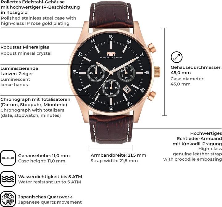 Image du produit Hommes Chronographe Goodwill en cuir véritable brun foncé - 4410 (Chronographe, 45 mm)