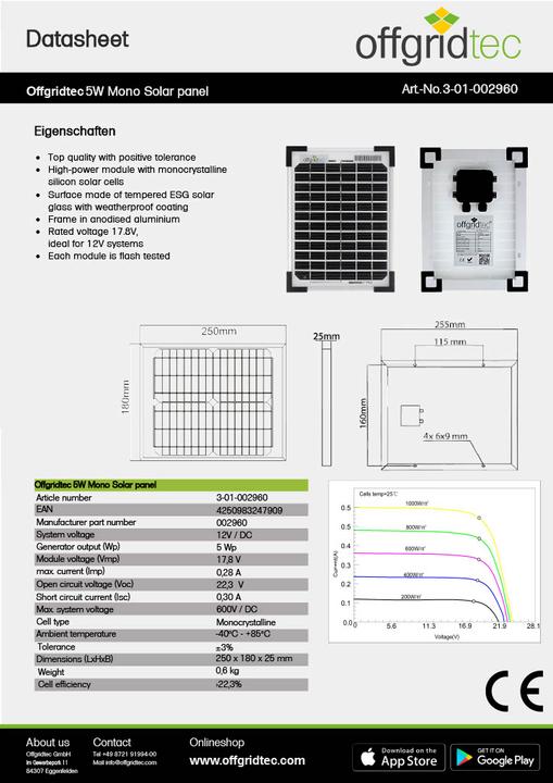 Image du produit Offgridtec ® Panneau solaire 5W Mono 12V (5 W, 0.60 kg)