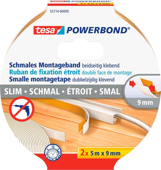 Produktbild tesa Powerbond SCHMAL doppelseitiges Montageband, 2 Rollen (9 mm)