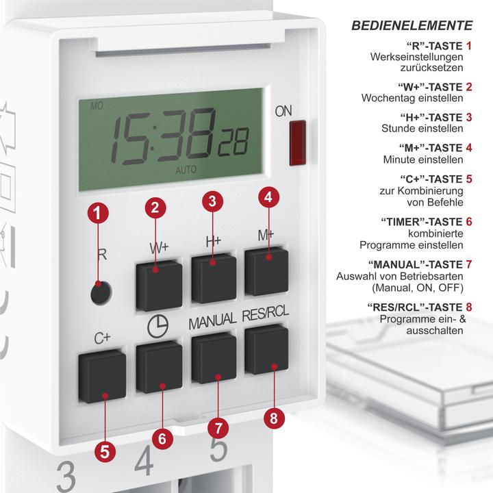 Produktbild Bearware Zeitschaltuhr digital für DIN Hutschienen im Verteilerschrank / Schalttafeln, LCD Display, 16A/3680W