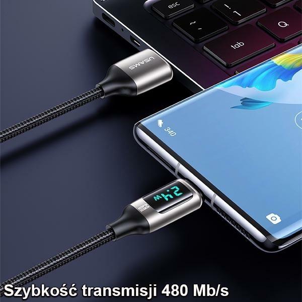 Produktbild Usams Kabel pleciony U78 USB-C 1.2m LED 6A Fast Charging czarny/black SJ544USB01 (US-SJ544) (1.20 m, USB 3.2 Gen 1)