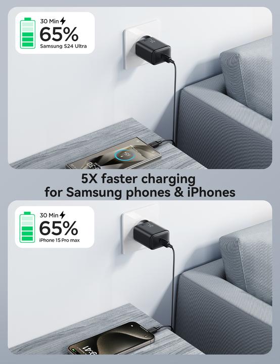 Actual product image Joyroom 25W Single USB-C Charger with 60W C to C Cable, 1m - Black (25 W)