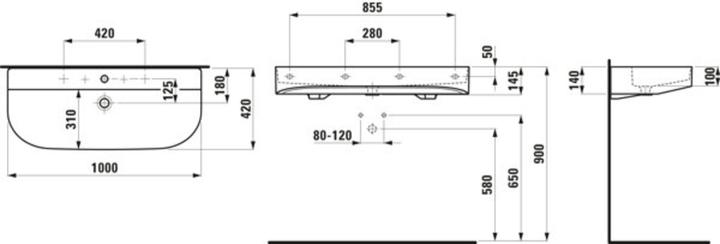 Produktbild Laufen Sonar Waschtisch unterbaufähig, 2 Hahnlöcher, mit Überlauf, 1000x420mm, H810347 (484 mm, 1000 mm)