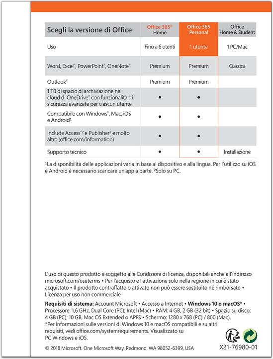 Produktbild Microsoft Office 365 Personal Italienisch (1 User, 12 Monate)
