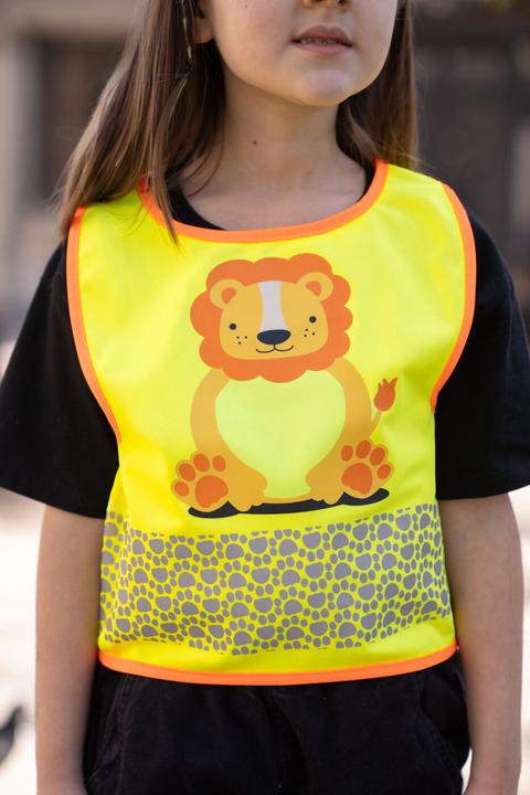 Actual product image Korntex Kinder Warnweste „Funtastic Wildlife“ - CO2 Neutral - Signal-Gelb/Löwe - XXS (XXS)