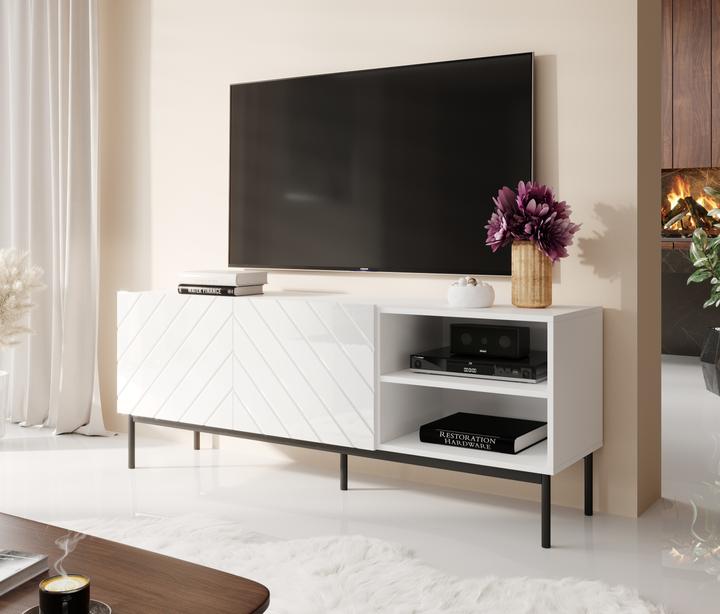 Actual product image Cama ABETO RTV cabinet on black steel frame 150x42x60 cm white/white glossy (150 x 42 x 60 cm)