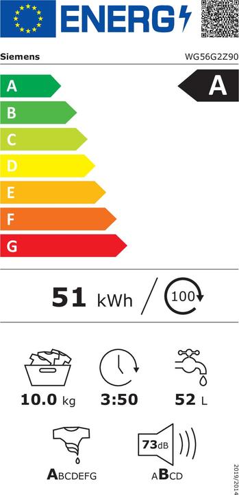 Energy Label Siemens iQ500, Washing machine, front loader, 10 kg, 1600 rpm, WG56G2Z90 (10 kg, Left)