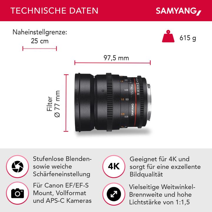 Immagine prodotto Samyang 24mm T1.5 VDSLR II Canon EF (Canon EF, Full-frame)