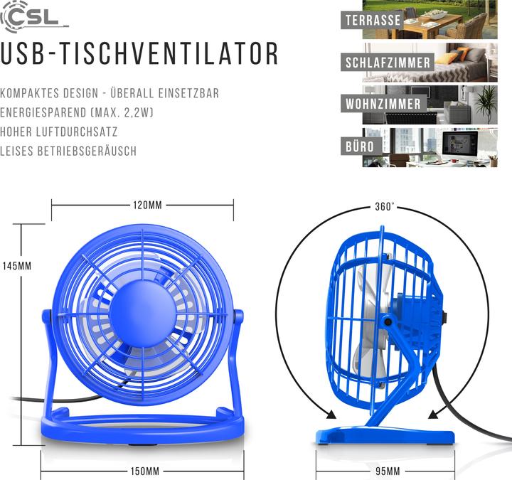 Actual product image CSL Mini USB fan, tiltable table fan, on/off switch, ideal for the desk, blue