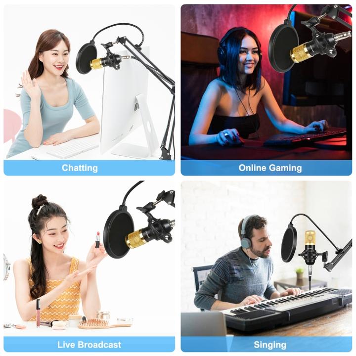 Image du produit Puluz Kit Microphone Studio Broadcast avec bras ciseaux, support métal et carte son USB (Or)