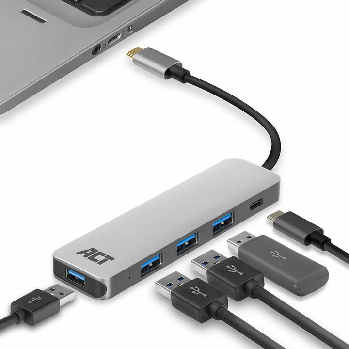 Actual product image USB-C Hub with 4x USB-A, USB-C PD Pass-Through 60W USB-C (USB-C, 5 ports)