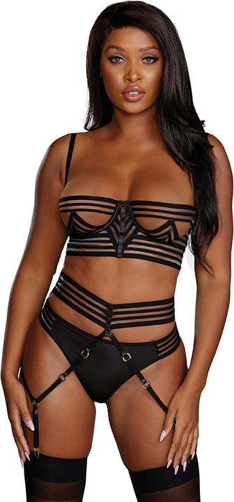 Produktbild Dreamgirl Sheer Striped Bra, Garter Belt & G-String Set (S)