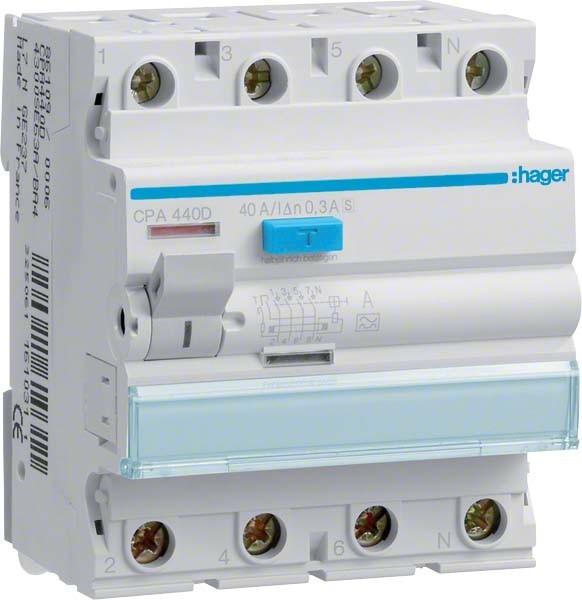 Produktbild Hager FI-Schutzschalter A 4p 400V 40A 0.3A 4TE REG DIN-Schiene