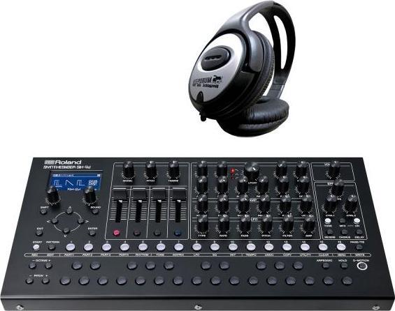 Roland SH-4d desktop synthesiser with headphones